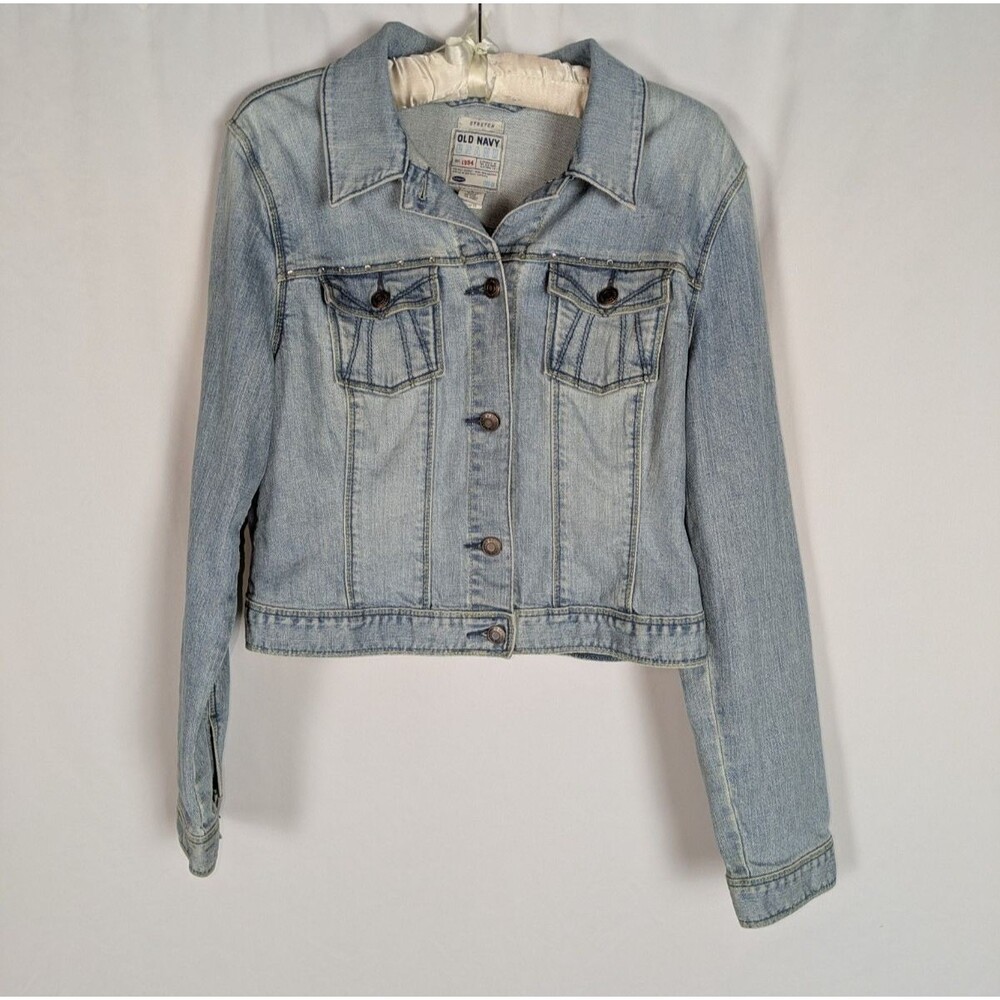 Old Navy Jean Jacket L Women's Blue Light Wash Upcycled Denim Fleur De Lis Cross - Picture 2 of 6